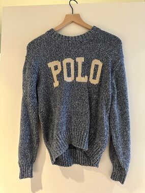 Polo by Ralph Lauren Blue Marled Knit Sweater with Cream Logo